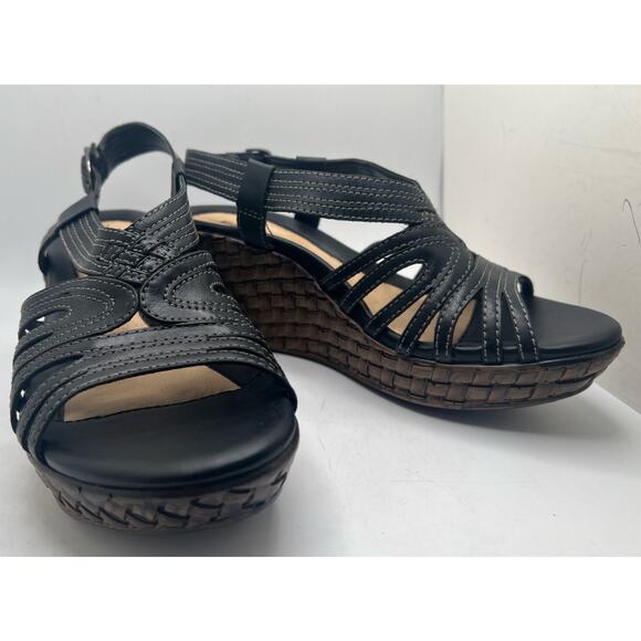 Earth Sandals Women's 7 Black Leather Open Toe Slingback Wedge Shoes - Picture 1 of 8